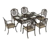 Outsunny Garden Dining Set for 6, Cast Aluminium Outdoor Table and Chairs Set with Cushions, Parasol Hole for Patio, Bronze Tone