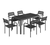 Outsunny Garden Dining Set for 6, Faux Wood Metal Outdoor Table and Stackable Chairs with Plastic Rattan Effect Seat, Black