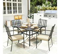 Outsunny Garden Dining Set w/ 4 Stackable Cushioned Chairs and Metal Top Table - Black - Galvanised Steel, Polyester - 94cmx94cmx71cm