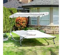 Double Hammock Sun Lounger Bed Canopy Shelter Wheels 2 Pillows Cream White