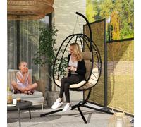 Outsunny Garden Egg Chair Outdoor Hanging Swing Chair, Folding Basket, Khaki, Brown