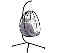 Outsunny Hanging Egg Chair Outdoor Indoor Garden with Folding Basket, Cushion, Stand, Headrest Grey, none