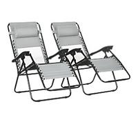 Outsunny Foldable Garden Recliner Chair Set of 2 w/ Footstool, Grey