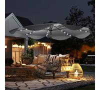 Outsunny 3(m) Garden Parasol Umbrella with 32 Solar LED Lights and Tilt, Outdoor Market Table Umbrella Sun Shade Canopy with Crank, 8 Ribs, Dark Grey