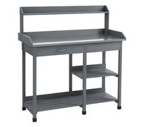 Outsunny Garden Potting Table, Wooden Workstation Bench w/Galvanized Metal Tabletop, Drawer, Storage Shelves and Hooks for Patios, Courtyards, Balcony