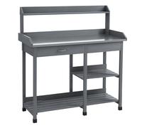 Outsunny Garden Potting Table Workstation with Metal Tabletop Drawer Shelves, Grey