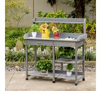Outsunny Garden Potting Table, Wooden Workstation Bench w/Galvanized Metal Tabletop, Drawer, Storage Shelves and Hooks for Patios, Courtyards, Balcony