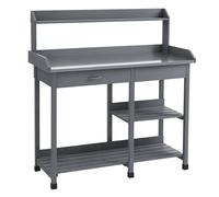 Outsunny Garden Potting Table, Wooden Workstation Bench w/Galvanized Metal Tabletop, Drawer, Storage Shelves and Hooks for Patios, Courtyards, Balcony