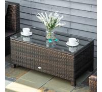 Outsunny Garden Rattan Side Table,wicker Coffee Desk, Glass Top, Mixed Brown