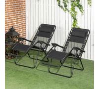 Outsunny Foldable Garden Recliner Chair Set of 2 w/ Footstool & Headrest, Black - Black - Steel, Breathable Mesh, Oxford, Polyester - 156cmx65cmx80cm