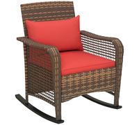 Outsunny Garden Rocking Chair, Outdoor Rattan Rocker Lounge Chair with Seat and Back Cushions, Patio Armchair Seat with All-weather Wicker, Steel Frame for Porch Balcony, Red Red