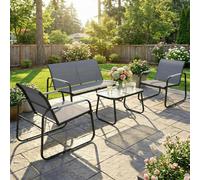 Outsunny Garden Sofa Set with Loveseat, 2 Armchairs, Tempered Glass Table - Steel, Texteline, Tempered glass - 4-piece set - Loveseat: 111x71x75cm, Chair: 60x71x75cm, Table: 75x43x39cm