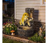 Outsunny Garden Water Feature with 3-Tier Rustic Puppy Design, Waterfall Outdoor Fountain with LED Lights, Adjustable Flow, Freestanding Resin Water Fountain for Patio Garden, Rustic Brown