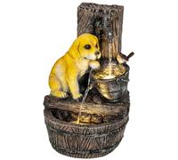 Outsunny Garden Water Feature with 3-Tier Rustic Puppy Design, Waterfall Outdoor Fountain with LED Lights, Adjustable Flow, Freestanding Resin Water Fountain for Patio Garden, Rustic Brown