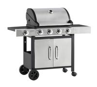 Outsunny Gas Barbecue Grill 4+1 Burner Garden Smoker BBQ Trolley w/ Side Burner Warming Rack Side Shelves Storage Cabinet Piezo Ignition Thermometer Stainless Steel + Metal Black
