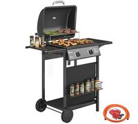 Outsunny Gas Burner Barbecue Grill, 2 Burner Gas Grill with Side Tables, Garden BBQ Grill with Warming Rack, Shelf, Thermometer, Piezo Ignition, Grease Tray, Black