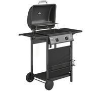 Outsunny Gas Burner Barbecue Grill, 2 Burner Gas Grill with Side Tables, Warming Rack, Shelf, Thermometer, Grease Tray, Black