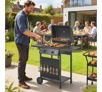 Outsunny Gas Burner Barbecue Grill, 2 Burner Gas Grill with Side Tables, Garden BBQ Grill with Warming Rack, Shelf, Thermometer, Piezo Ignition, Grease Tray, Black