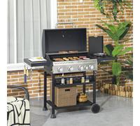 OUTSUNNY Gas Burner Grill, Propane Gas Barbecue BBQ Grill with Wheels, Warming Rack, Shelves, Thermometer, Bottle Opener, Black Outsunny Black