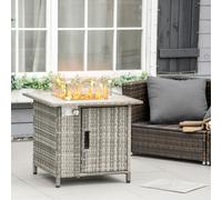 Outsunny Rattan Gas Fire Pit Table w/ Rain Cover, Windscreen, Grey