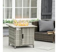 Outsunny Rattan Gas Fire Pit Table w/ Rain Cover, Windscreen, Grey