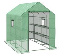 Outsunny Greenhouse Oasis: Walk-In PE Cover with 3 Tier Shelves, Roll-Up Door & Mesh Windows, 140x213x190cm, Verdant Green Aosom UK