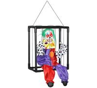 Outsunny Halloween Animated Hinging Clown in Cage with Glowing LED Eyes, Spooky Clown Scary Halloween Decorations, Battery Operated, Indoor Party Props