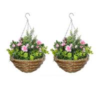 Outsunny 2 Pcs Artificial Lisianthus Flower Hanging Planter Basket Indoor In Pink Pink