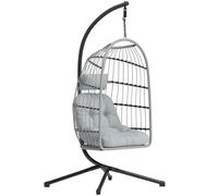 Outsunny Hanging Egg Chair, Indoor Outdoor Hammock Swing Chair with Stand, Safety Strap, Foldable Basket, Light Grey