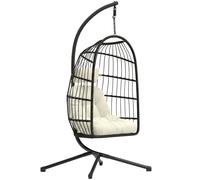 Outsunny Hanging Egg Chair, Indoor Outdoor Hammock Swing Chair with Stand, Safety Strap, Foldable Basket, Black/Cream White