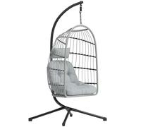 Outsunny Hanging Egg Chair, Indoor Outdoor Hammock Swing Chair with Stand, Safety Strap, Foldable Basket, Thick Cushions, Headrest, Adjustable Height, Metal Frame for Garden Balcony, Light Grey