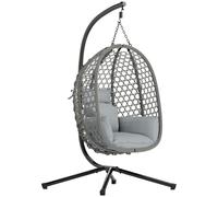 Outsunny Hanging Egg Chair, Indoor Outdoor Rattan Hammock Swing Chair with Stand, Safety Strap, Foldable Basket, Dark Grey