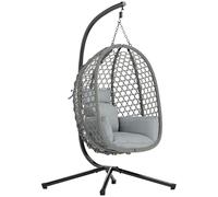 Outsunny Hanging Egg Chair, Indoor Outdoor Rattan Hammock Swing Chair with Stand, Safety Strap, Foldable Basket, Thick Cushion, Headrest, Metal Frame for Garden Balcony Patio Lounge Porch, Dark Grey