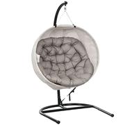 Outsunny Hanging Egg Chair Outdoor Indoor Garden Swing Chair with Folding Basket, Garden Hanging Chair with Stand, Thickened Cushion, Cup Holder for Patio, Balcony, Grey