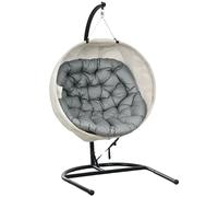 Outsunny Hanging Egg Chair Outdoor Indoor Garden Swing Chair with Folding Basket, Garden Hanging Chair with Stand, Thickened Cushion, Cup Holder for Patio, Balcony, Grey