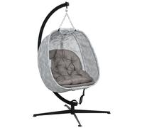 Outsunny Hanging Egg Chair Outdoor Indoor Garden Swing Chair with Folding Basket, Garden Hanging Chair with Stand, Thickened Cushion, Cup Holder for Patio, Balcony, Sand Brown Brown