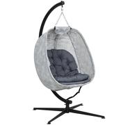 Outsunny Hanging Egg Chair Outdoor Indoor Garden Swing Chair with Folding Basket, Garden Hanging Chair with Stand, Thickened Cushion, Cup Holder for Patio, Balcony, Grey Grey