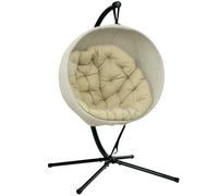 Outsunny Hanging Egg Chair Outdoor Indoor Garden Swing Chair with Folding Basket, Garden Hanging Chair with Stand, Thickened Cushion, Cup Holder for Patio, Balcony, Khaki Khaki