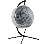 Outsunny Hanging Egg Chair Outdoor Indoor Garden Swing Chair with Folding Basket, Stand, Thickened Cushion, Cup Holder for Patio, Balcony, Grey
