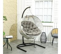 Outsunny Hanging Egg Chair Outdoor Indoor Garden Swing Chair with Folding Basket, Garden Hanging Chair with Stand, Thickened Cushion, Cup Holder for Patio, Balcony, Sand Brown Brown