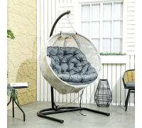 Outsunny Hanging Egg Chair Outdoor Indoor Garden Swing Chair with Folding Basket, Garden Hanging Chair with Stand, Thickened Cushion, Cup Holder for Patio, Balcony, Grey