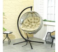 Outsunny Hanging Egg Chair Outdoor Indoor Swing Chair, Folding Basket, Khaki