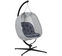 Outsunny Hanging Egg Chair Outdoor Indoor with Thickened Cushion, Folding Basket, Stand, Cup Holder, Garden Egg Swing Chair for Patio Balcony, Grey