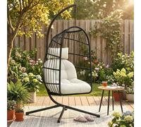 Outsunny Hanging Egg Chair, Indoor Outdoor Hammock Swing Chair with Stand, Safety Strap, Foldable Basket, Thick Cushions, Headrest, Adjustable Height, Metal Frame for Garden Balcony, Black/Cream White