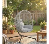 Outsunny Hanging Egg Chair, Indoor Outdoor Rattan Hammock Swing Chair with Stand, Safety Strap, Foldable Basket, Thick Cushion, Headrest, Metal Frame for Garden Balcony Patio Lounge Porch, Light Grey