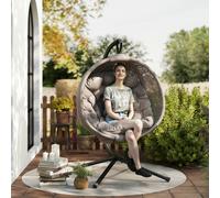 Outsunny Outdoor Hanging Chair, Swing Chair with Metal Stand, Thick Padded Cushion, Foldable Basket and Side Pocket, for Indoor and Outdoor, Charcoal Grey Sand brown