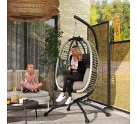 Outsunny Outdoor Swing Chair with Thick Padded Cushion, Patio Hanging Egg Chair with Metal Stand, Foldable Basket, Cup Holder, Rope Structure for Indoor & Outdoor, Dark Grey