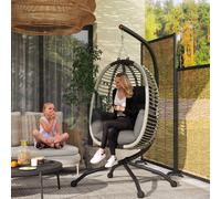 Outsunny Outdoor Swing Chair with Thick Padded Cushion, Patio Hanging Egg Chair with Metal Stand, Foldable Basket, Cup Holder, Rope Structure for Indoor & Outdoor, Dark Grey