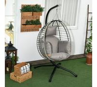 Outsunny Outdoor Swing Chair with Thick Padded Cushion, Patio Hanging Egg Chair with Metal Stand, Foldable Basket, Cup Holder, Rope Structure for Indoor & Outdoor, Grey