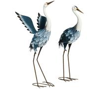 Outsunny Heron Garden Statues, Standing Garden Ornament, Metal Garden Gift with Stakes for Patio, Garden, Landscape Decoration Set of 2, Blue & White